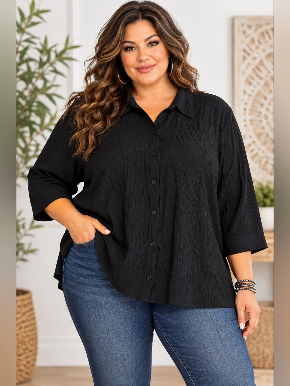 White Stag 4X 26/28 Black Crinkle Textured Button Up Shirt 3/4 Sleeve NWOT